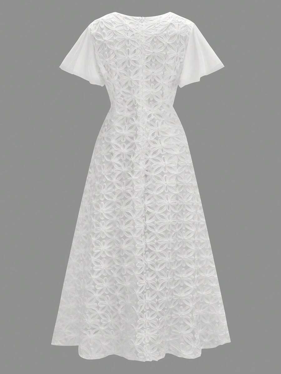 Modelyn 女式长款纯色荷叶边袖修身网眼 V 领连衣裙 - 白色 - 查看 1