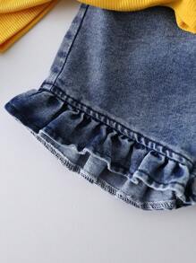 Baby Girl Cute & Elegant Black Spaghetti Strap Top With Big Bow & Denim Shorts Set, Spring/Summer - Multicolor - View 6