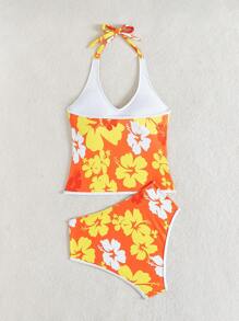Swim Mod 2pcs Women Orange Floral Print White Ruffle Spaghetti Strap Top & Tankini Set, Vacation Style Swimwear - Orange - View 5