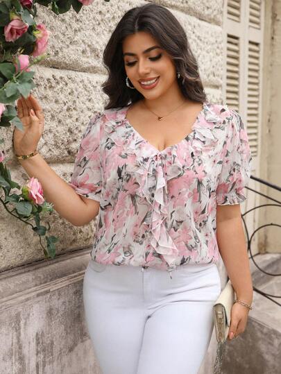 Reflora Blusa de manga corta con volantes y cuello de mujer de talla grande con estampado floral de vacaciones