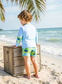 2pcs Toddler Boys Tropical Holiday Style Print Outfit - Short Sleeve Top + Shorts, Suitable For Vacation & Pool Play - Baby Blue - View 2