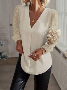 大码女式简约灯笼袖 V 领衬衫、工作服