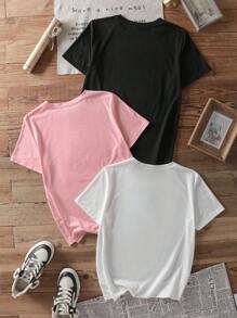 Attitoon 3pcs/Set Streetwear Heart & Star Girls Graphic Print Casual Fitted Crewneck Short Sleeve T-Shirts, Black/White/Pink, Suitable For Summer, Plus Size - Multicolor - View 2