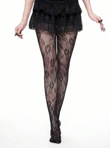 ROMWE Grunge Punk 1 双玫瑰新娘黑玫瑰镂空渔网紧身裤 - 黑色 - 查看 2