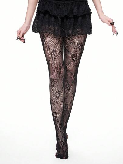 Grunge Punk 1 paire de bas résille noirs à motif rose ajouré mariée