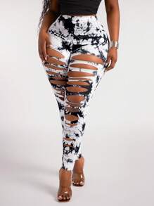 SHEIN SXY Plus Size Women's Fashion Street Style Sexy Ripped Tie-Dye Print Tight Leggings, Suitable For Sports, Yoga, Everyday Wear, Western Wear, Cruise Attire, Music Festival, Concert, Carnival Party, Beach Vacation, Date Night, Birthday, Bachelorette Party, Club, Cute, Casual, Shopping, Streetwear, Going Out, Easy To Match & Looks Slim, Accentuates The Body, Flatters The Figure Camo Cow Print