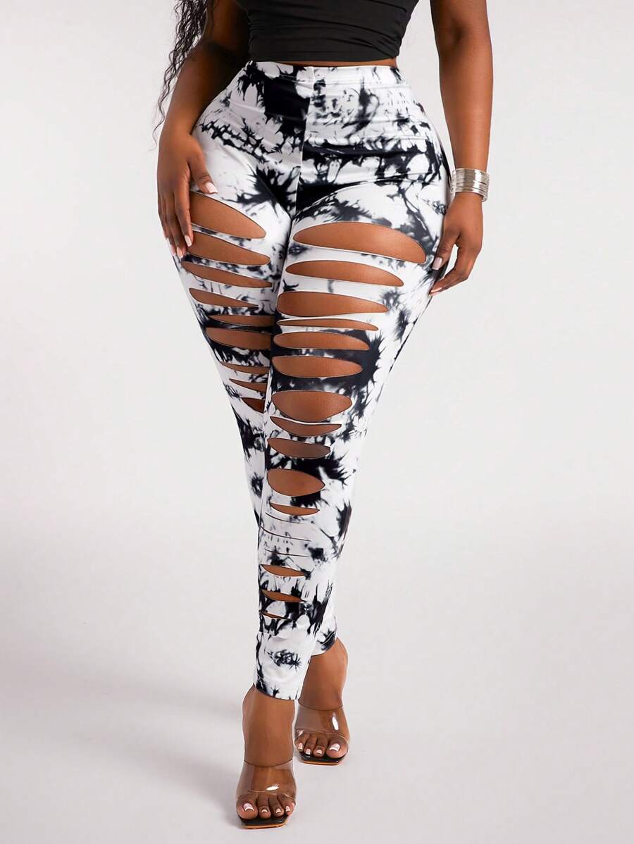 SHEIN SXY Plus Size Women's Fashion Street Style Sexy Ripped Tie-Dye Print Tight Leggings, Suitable For Sports, Yoga, Everyday Wear, Western Wear, Cruise Attire, Music Festival, Concert, Carnival Party, Beach Vacation, Date Night, Birthday, Bachelorette Party, Club, Cute, Casual, Shopping, Streetwear, Going Out, Easy To Match & Looks Slim, Accentuates The Body, Flatters The Figure Camo Cow Print