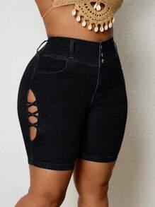 SHEIN SXY Plus Size Women Bohemian Style Elastic Crossed Strap Hollow Out Design Skinny Cropped Jeans - Black - View 4