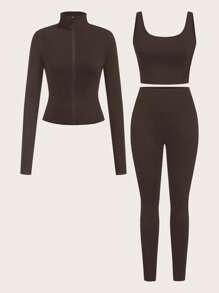 SHEIN EZwear 3 بيس طقم رياضي مُحبك للنساء بالبني
