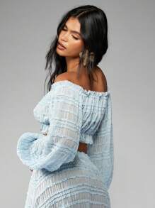 MISSGUIDED Off Shoulder Ruched Crop Top Balloon Sleeve Summer Spring Beach Boho Festival Peasant Blouse Shirred Elastic Ruffle Party Evening