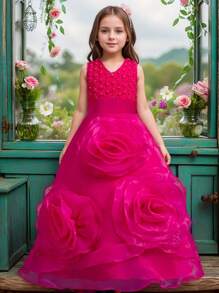 SHEIN Children's Formal Dress Tulle Skirt Flower Girl Wedding Dress Piano Performance Recital Costume - Hot Pink - View 1