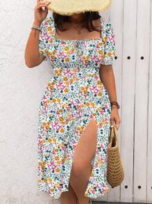 Calvaya 加大码方领碎花系带腰部开衩度假夏季连衣裙长款女装 - 彩色 - 查看 1