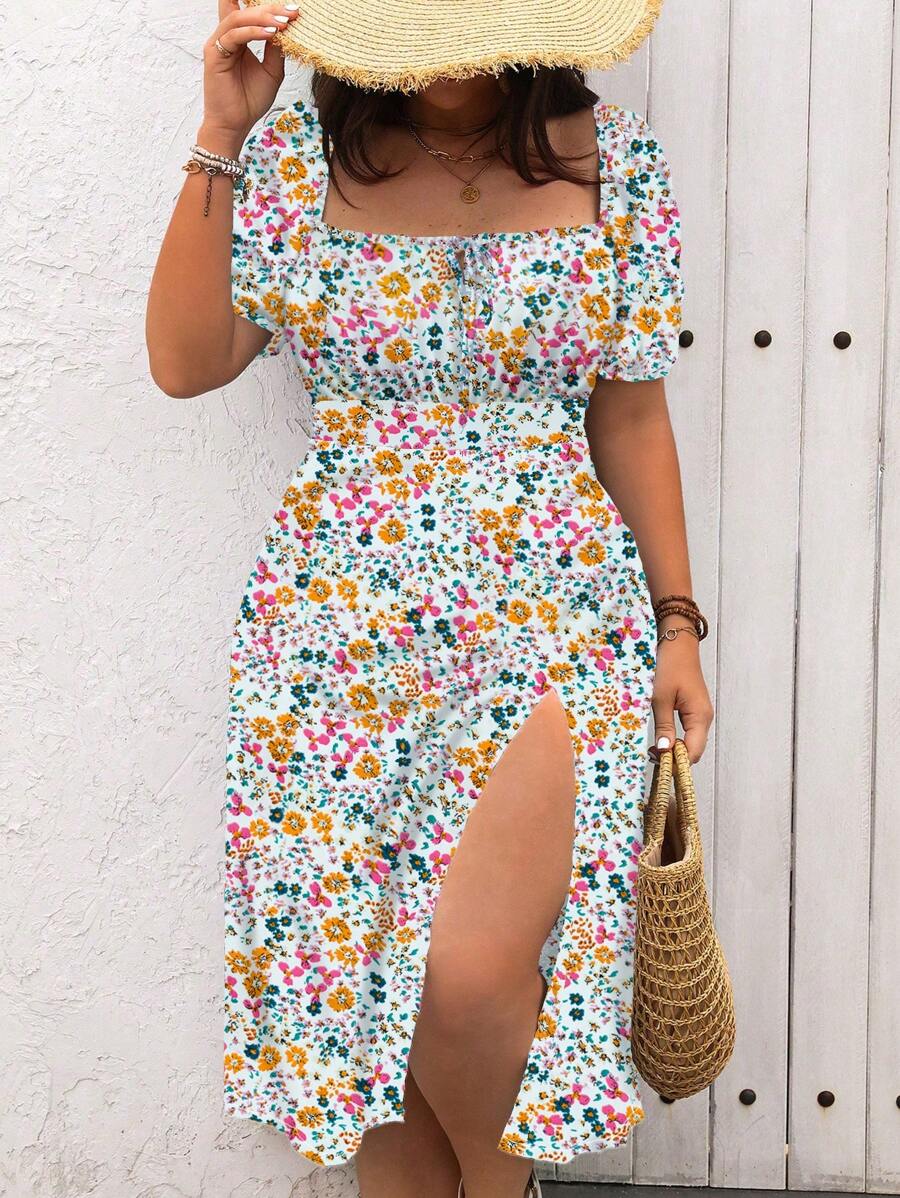 Calvaya 加大码方领碎花系带腰部开衩度假夏季连衣裙长款女装 - 彩色 - 查看 1