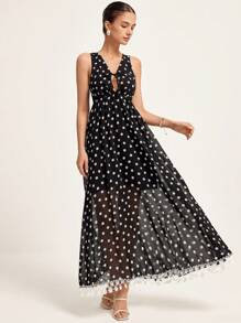 Chiquease Vestido longo de verão romântico francês com bolinhas e amarração na cintura com acabamento em renda para mulheres, estilo elegante e moderno - Preto e Branco - Ver 2