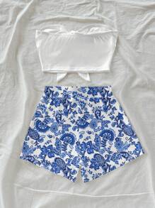 Soleia 女士沙滩装复古佩斯利印花露肩短款上衣和短裤两件套，夏季服装