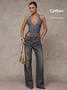 SHEIN BAE Women's Solid Color Eyelet Tie-Up Side Slit Sexy Halter Neck Tank Top - Dark Grey - View 7