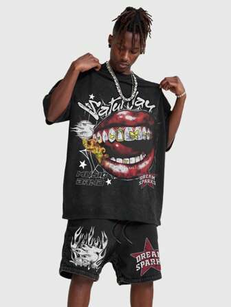 Street Life Herren Grafik Muster Rundhals Kurzarm Top und Shorts Lässig 2-teiliges Set