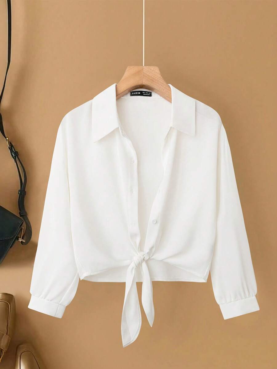 Franclia 法式优雅编织翻领长袖系带开衫，夏季新款白色衬衫 - 白色 - 查看 1