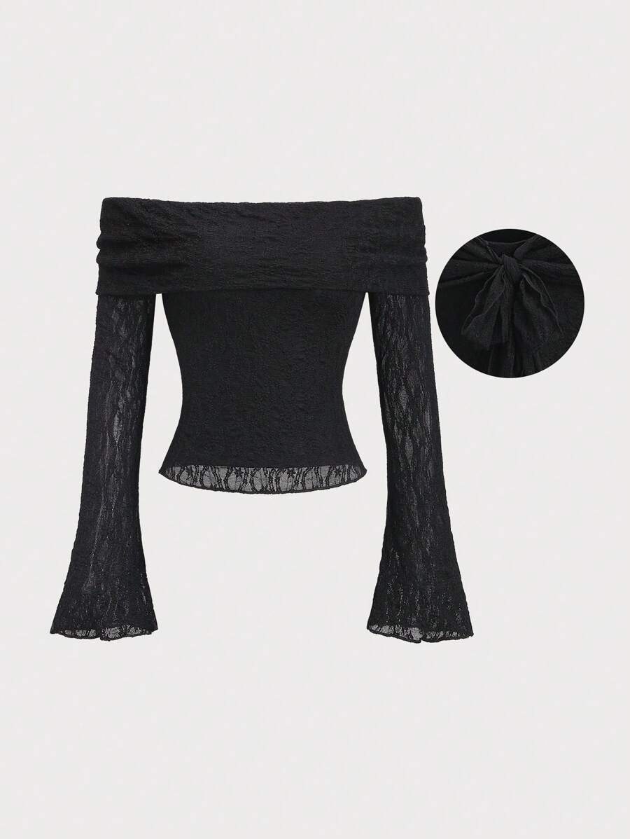 Sweetra Women Solid Color Cute Off-Shoulder Bowknot Lace Blouse Y2K Fall Cloth For Women - Black - View 1
