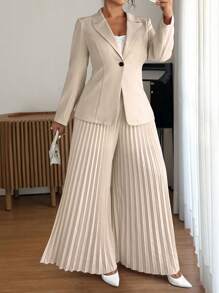 Elenzga Ensemble femme grande taille composé d'une veste à col cranté à manches longues de couleur unie mouchetée et d'un pantalon évasé plissé
