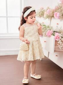 SHEIN 可爱优雅杏色花朵网眼吊带背心和松紧腰裙两件套，适合女婴