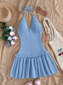 SHEIN WYWH Sexy Halter Tie-Up Ruffled Backless Knitted Dress - Blue - View 6