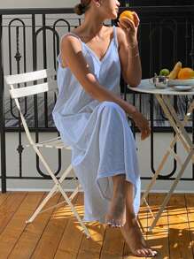 Livesso 度假风格休闲简约流苏边细肩带露背休闲连衣裙睡衣