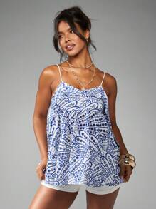 MISSGUIDED Summer Poplin Cami Top Bohemian Paisley Print Frill Babydoll Loose Fit Spaghetti Strap Tank Vacation Beach Resort Wear Blend - White - View 1