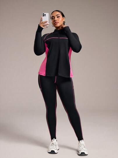 Rhythm Era Plus Size Color-Block Long Sleeve And Pants Sports Suit Workout Women Sets