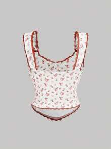 SHEIN MOD Große Größen Vintage romantische Bluse mit kleinem Blumendruck und Knoten-Verschluss. Teezeit Top für Frauen