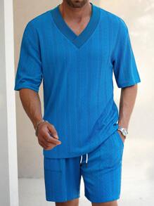 Manfinity Homme Conjunto informal de camiseta de manga corta de cuello en V de unicolor y pantalones cortos con cordón en la cintura para hombres - Azul - Ver 4