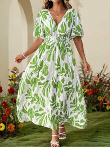 Breezaya Plus Size Damska Elegancka Dojazdy do Pracy/Randka Swobodna Plaża Kwiatowy Botaniczny Dekolt w Serek Seksowna Sukienka z Rękawem 3/4