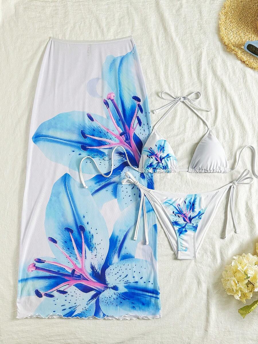 Soleia 3-Piece Women White And Blue Floral Bikini Set With Beachwear Skirt,Summer Casual Vacation Outfits For Women,Holiday Pool Party Swim Suits - Multicolor - View 1