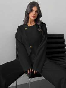 Firerie 节日时尚优雅通勤白色圆领金属纽扣收腰长袖不对称下摆西装外套和高腰阔腿裤套装，白色春夏装情人节，秋冬商务休闲女士 - 黑色 - 查看 7