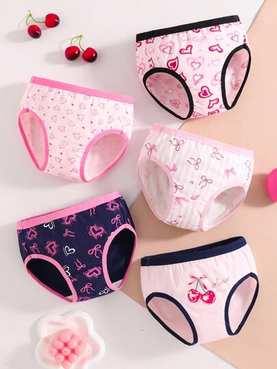 5 Pack Girls' Heart & Bow Print Cotton Briefs, Cute Assorted Colors,Summer,Travel