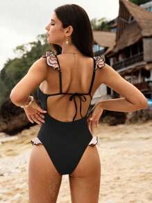 SHEIN Swim Mod 1pc Women's Vacation Beach Ruffled Spaghetti Strap One-Piece Swimsuit - Black - View 2