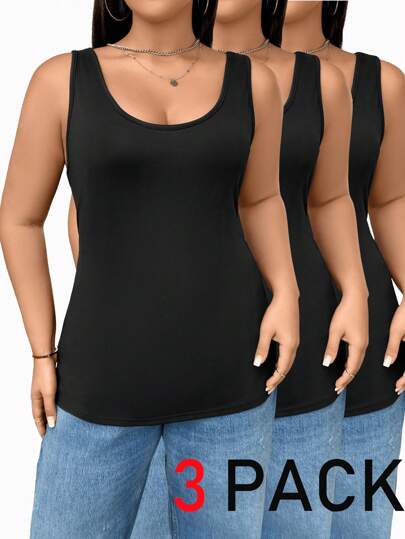 SHEIN Essnce Plus Size Women's Spring And Summer Fashion Casual Comfortable Basic Daily Versatile Slim High Elastic Black Long Tank Tops 3 Packs, Summer For Women, Curve Tops, Going Out Tops, European Summer, Minimalist Style