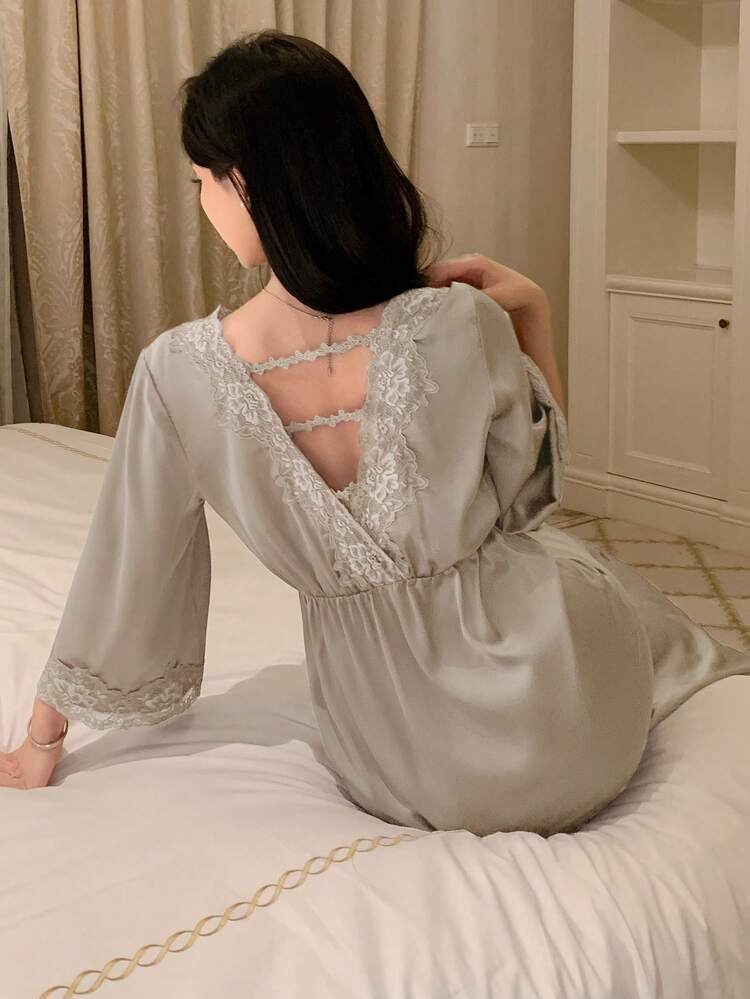 Women's Lace Patchwork V-Neck Backless 3/4 Sleeve Nightgown, Pajama, For Fall, Winter