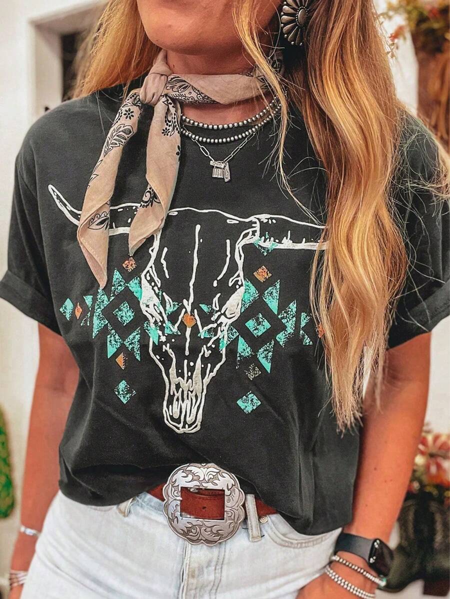 SHEIN LUNE 碳灰色复古牛头骷髅绿松石几何图案 T 恤