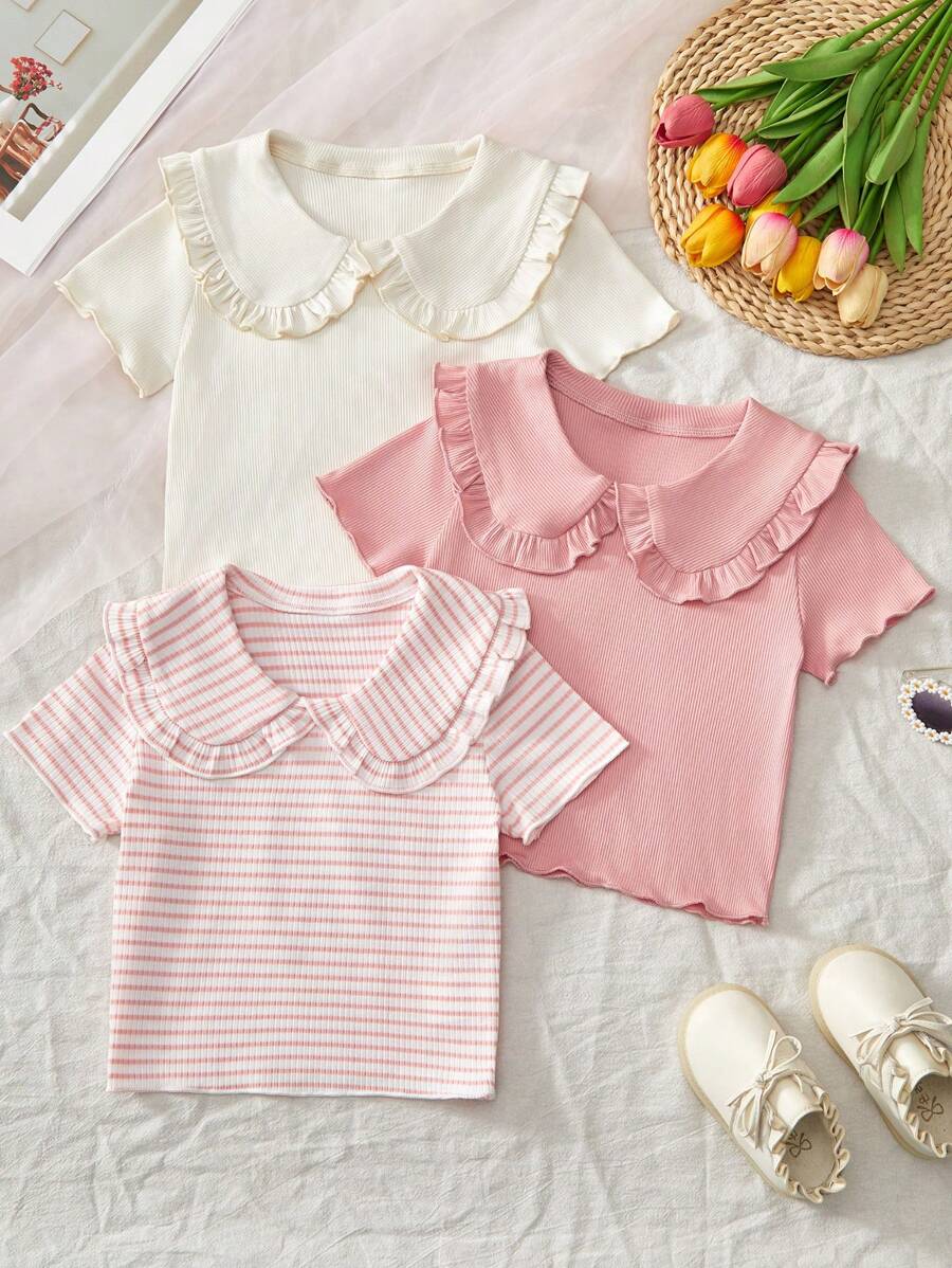 Genkimix Kids Young Girl Casual Versatile Peter Pan Collar Short Sleeve T-Shirt, Summer