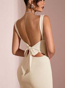 SHEIN BAE Vestido ceñido de un solo color con cuello en forma de U, espalda descubierta, tirantes con lazo y abertura alta, adecuado para graduación, dama de honor, Día de San Valentín, cumpleaños, reunión escolar, en color rosa y rosa claro