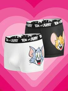TOM & JERRY X SHEIN 2 قطعة ملابس داخلية رجالية بطبعات جرافيك كرتونية جميلة وشريط بحروف، باللونين الأبيض والأسود، مريحة وكاجوال