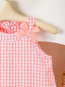 SHEIN Baby Girl Cute Pink Bow Plaid Strap Dress With 6 Flower Decor,Sleeveless White And Pink Outfit,Sweet & Fresh,Suitable For Summer,Party And Daily Wear - Pink - View 5