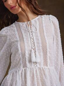 WESTFADE Clip Dot Chiffon & Lace Cute Bow Tie Front Long Sleeve Ruffle Peplum Poet Blouse For Spring Break Summer Beach Vacation - White - View 2