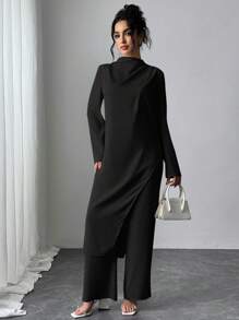 Firerie Bộ 2 quần ống rộng cạp cao đơn giản thoải mái phong cách cổ điển thanh lịch dành cho nữ đi làm - màu đen - Xem 7