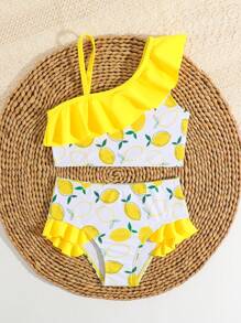 SHEIN Young Girl Cherry Print Ruffle Trim Bikini Swimwear Set - Yellow - View 5