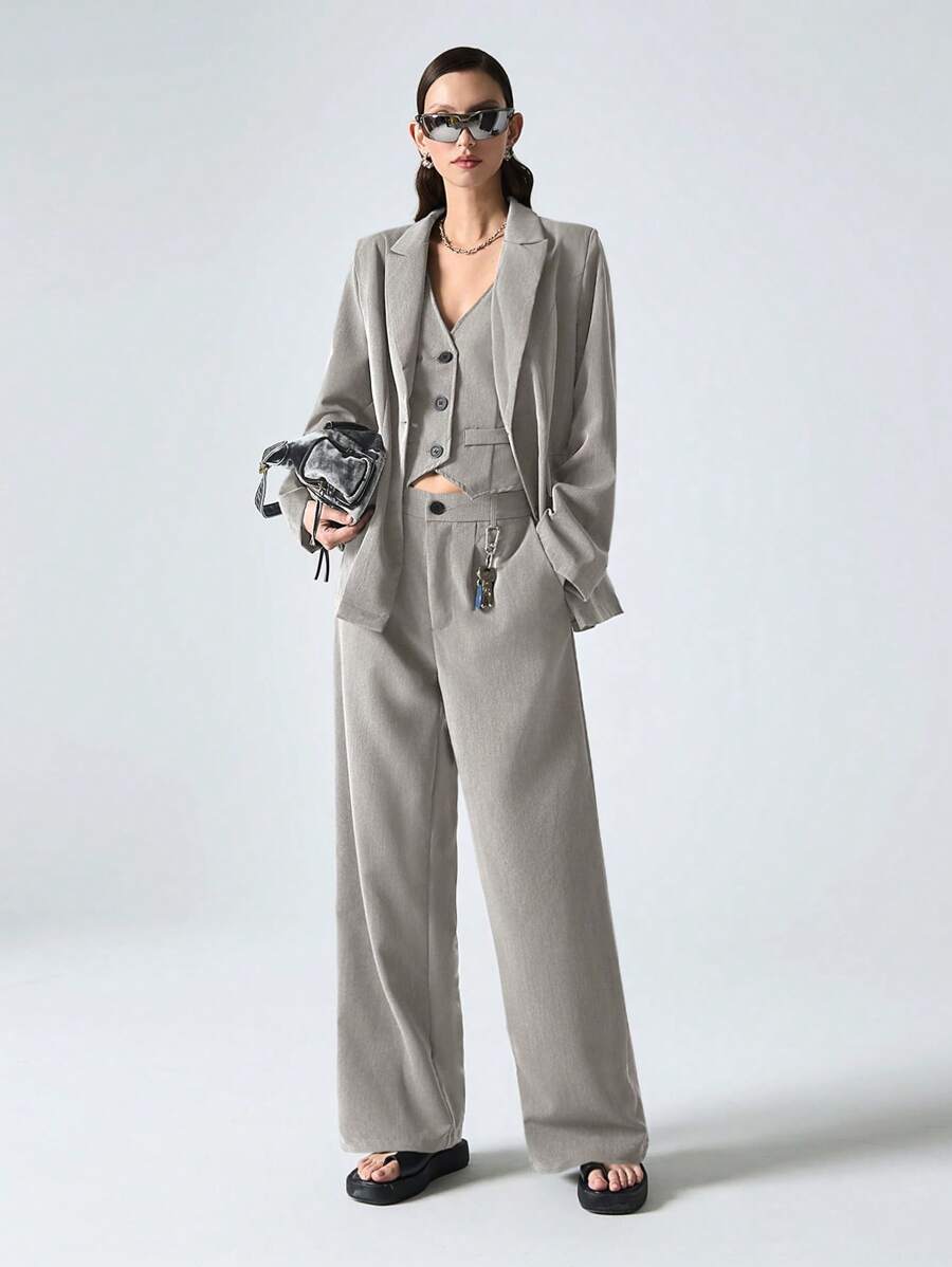 SHEIN EZwear 3 件套女士秋季办公室服装套装：浅灰色编织西装外套、背心和裤子，简约风格 - 淺灰色 - 查看 1