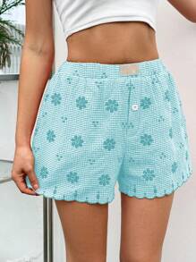 SHEIN Essnce 2024 Neuer Sommer Rot und Weiß karierten Stickerei Damen Shorts Casual - Grün - Übersicht 3