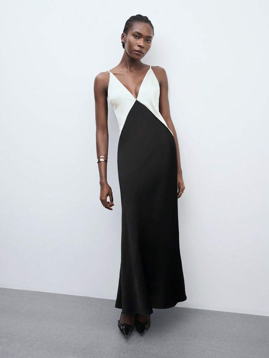 Maija Black & White Contrast V-Neck Sleeveless Bodycon Midi Dress, Elegant Backless Design, Suitable For Wedding Guest Outfit, Spring Clothes Women Valentines Day Elegant Party Dress - Black and White - View 1