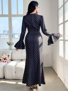 Modelyn Vestito lungo elegante e aderente da donna con maniche a sbuffo e stampa a pois